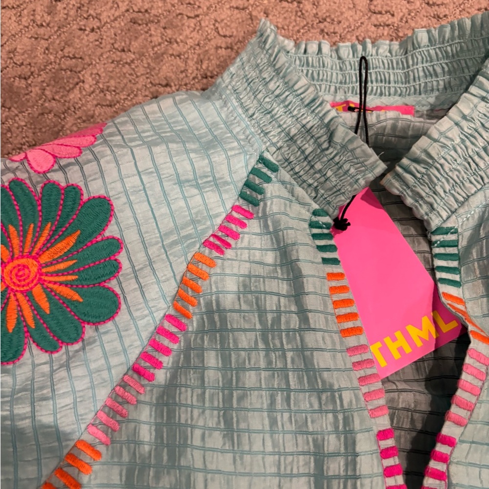 THML Aqua Peasant Top with Pink & Orange Floral Sleeves - Picture 5 of 8
